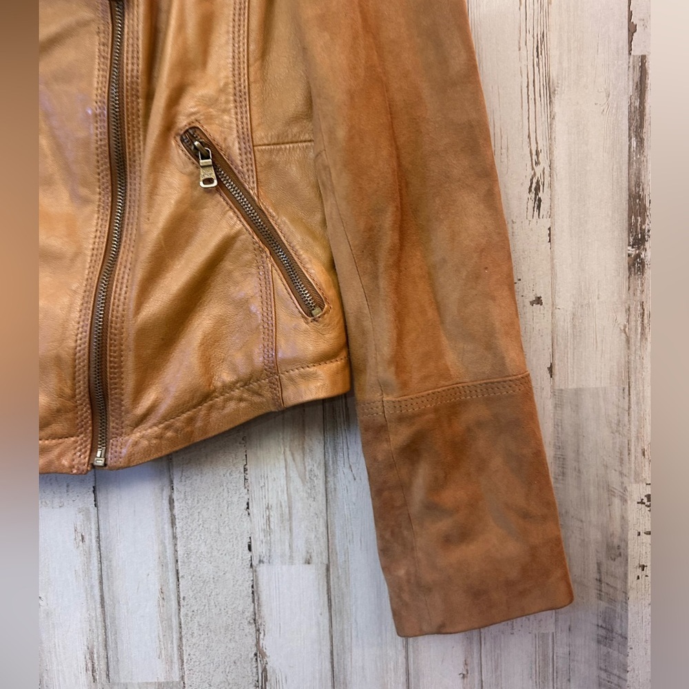 Jessica Simpson Camel 100% Leather Moto Jacket • Size M • Asym Zip - Picture 7 of 9